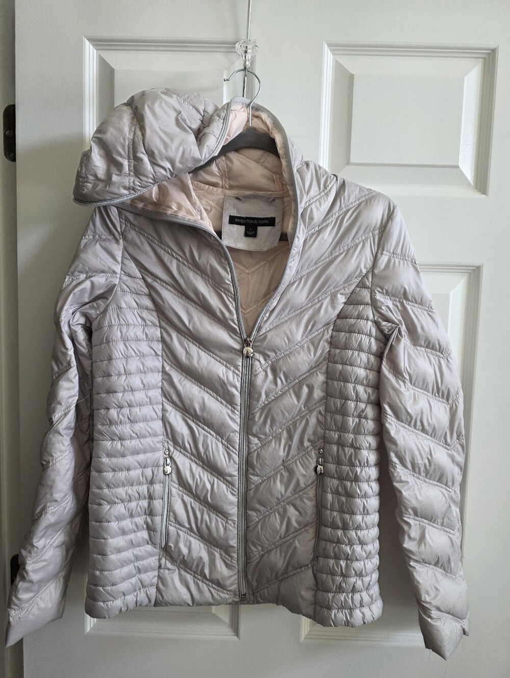 Preston & York Platinum Packable Hooded Down Puffer Jacket Gray Silver Size S